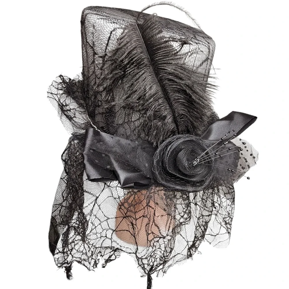 Gothic Victorian Gray Top Hat Black Lace Veil Feather Fascinator S/M